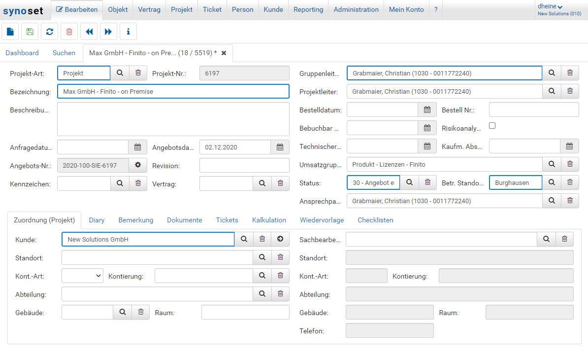 Customer form in Synoset